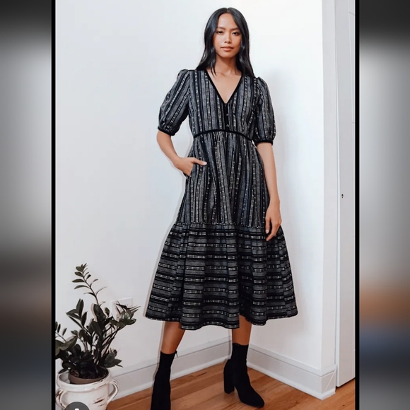 Lulu's Black Striped V-Neck Midi Dress - Picture 9 of 11